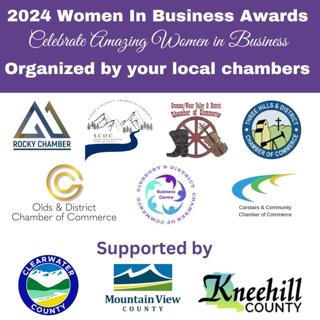 Graphic reading “2024 Women In Business Awards” with local chamber of commerce logos and county supporter logos for Clearwater County, Mountain View County, and Kneehill County.