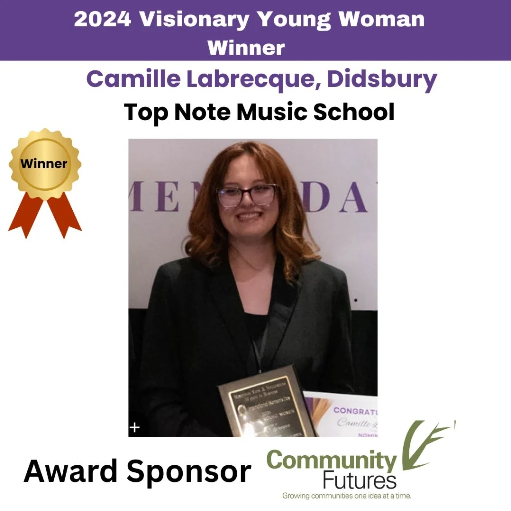 2024 Visionary Young Woman winner graphic showing a photo of the award recipient holding a plaque, with Community Futures as award sponsor.