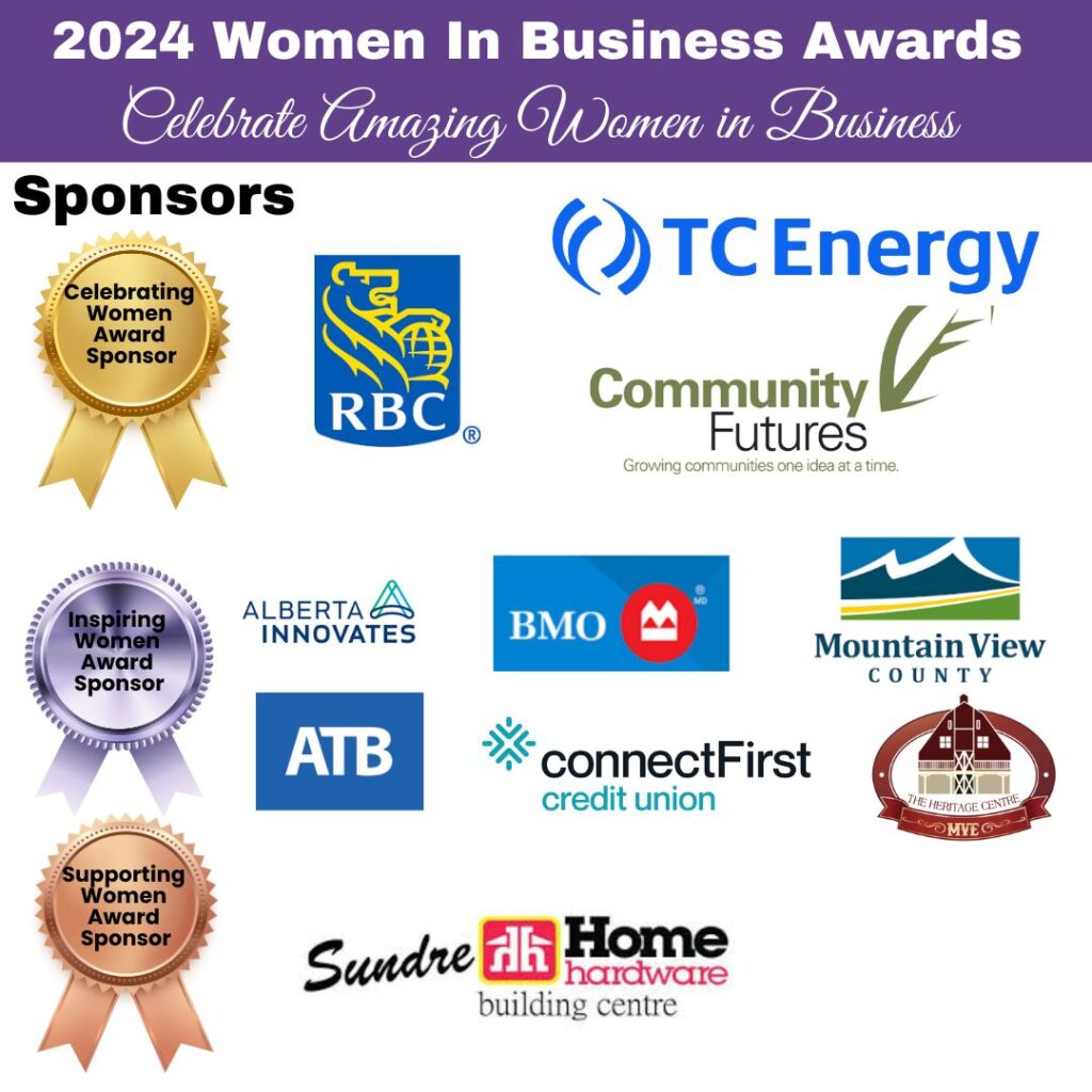 Sponsor collage for the 2024 Women In Business Awards showing sponsor logos including TC Energy, RBC, Community Futures, Alberta Innovates, BMO, Mountain View County, ATB, connectFirst credit union, The Heritage Centre, and Sundre Home Hardware Building Centre.
