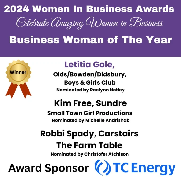 2024 Women In Business Awards “Business Woman of The Year” finalists graphic with winner Letitia Gole and finalists Kim Free and Robbi Spady, sponsored by TC Energy.