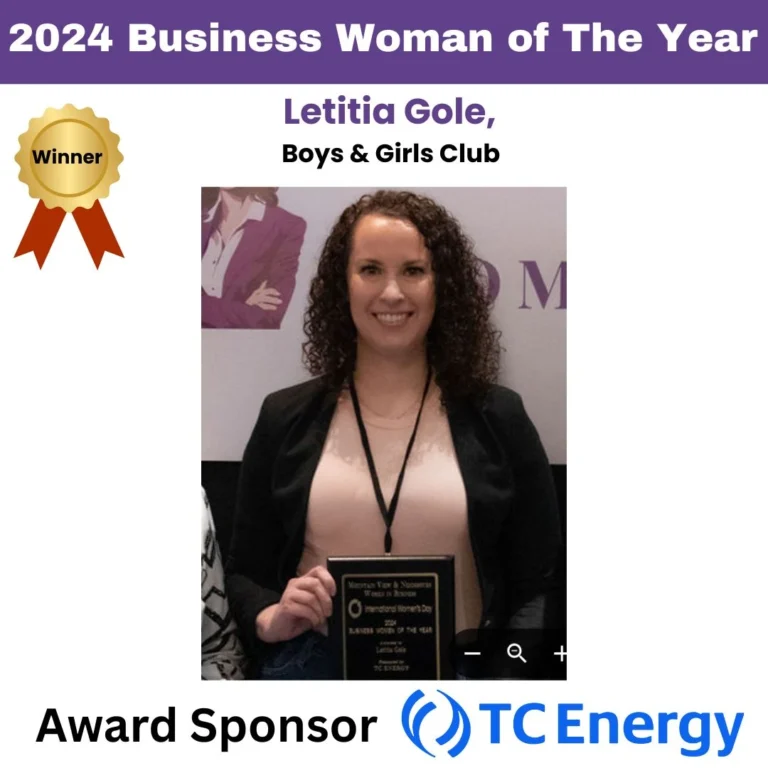2024 Business Woman of the Year winner graphic with a photo of the award recipient holding a plaque and the TC Energy sponsor logo.