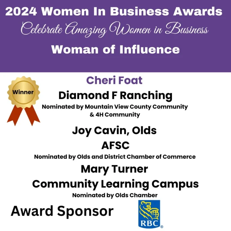 2024 Women In Business Awards “Woman of Influence” finalists graphic showing winner Cheri Foat (Diamond F Ranching ) and finalists Joy Cavin (AFSC) and Mary Turner (Community Learning Campus), sponsored by RBC.