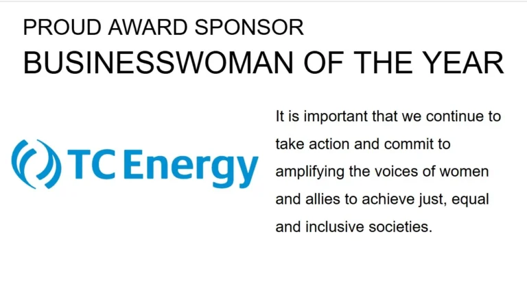 TC Energy logo with text “Proud Award Sponsor – Businesswoman of the Year” and a message about amplifying the voices of women and allies.