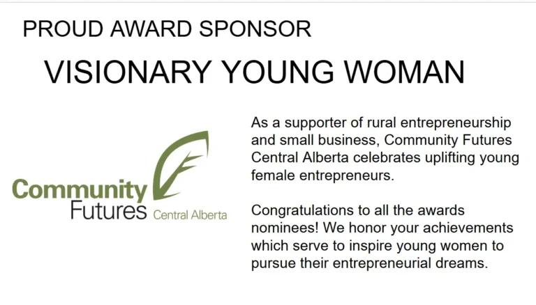 Community Futures Central Alberta logo with text “Proud Award Sponsor – Visionary Young Woman” and a message celebrating young female entrepreneurs.