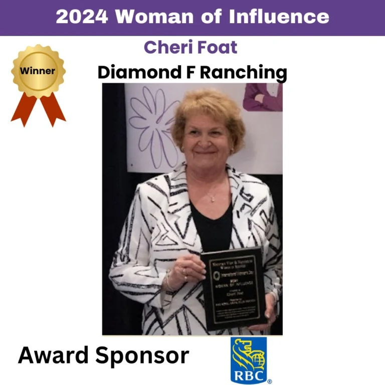 2024 Woman on Influence winner Cheri Foat graphic with a photo of the award recipient holding a plaque and the RBC sponsor logo.