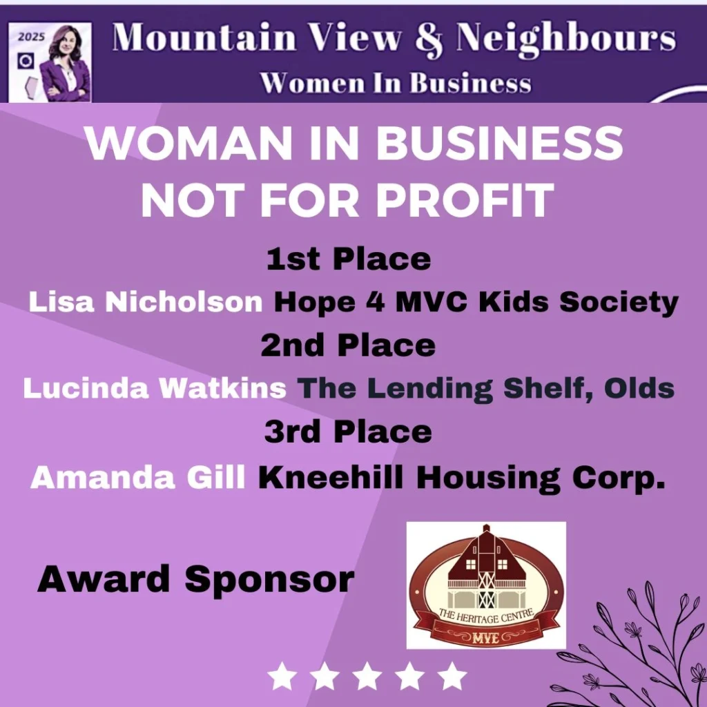 2025 Woman in Business Not-for-Profit winners: 1st Lisa Nicholson (Hope 4 MVC Kids Society), 2nd Lucinda Watkins (The Lending Shelf, Olds), 3rd Amanda Gill (Kneehill Housing Corp.); sponsor The Heritage Centre