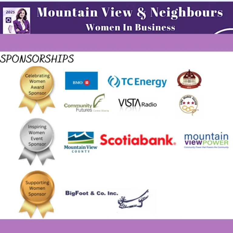 MVAN sponsorships graphic showing sponsor logos including BMO, TC Energy, Community Futures Central Alberta, VISTA Radio, Scotiabank, Mountain View County, Mountain View Power, BigFoot & Co. Inc., and others