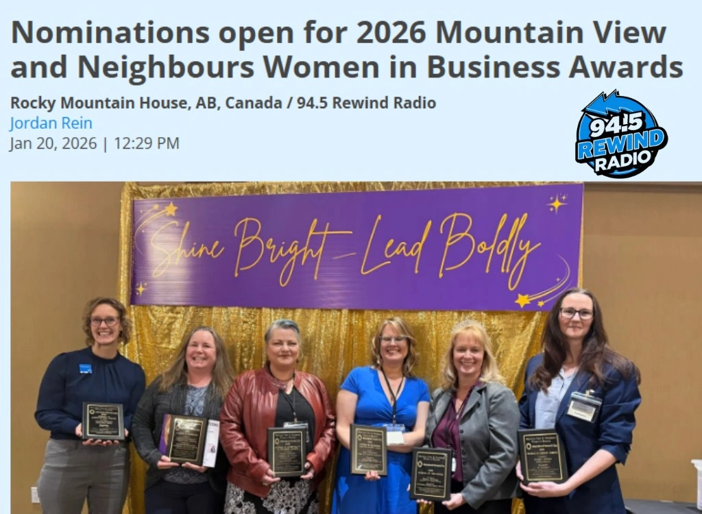 Screenshot of a 94.5 Rewind Radio article announcing that nominations are open for the 2026 Mountain View and Neighbours Women in Business Awards, featuring a group photo of six award recipients holding plaques in front of a “Shine Bright – Lead Boldly” banner and gold backdrop.
