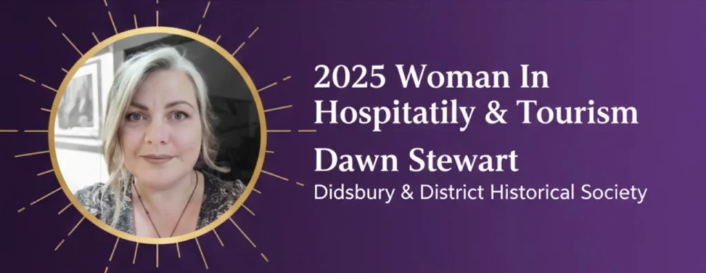 Purple-and-gold awards graphic announcing Dawn Stewart as the 2025 Woman In Hospitality & Tourism winner (Didsbury & District Historical Society).