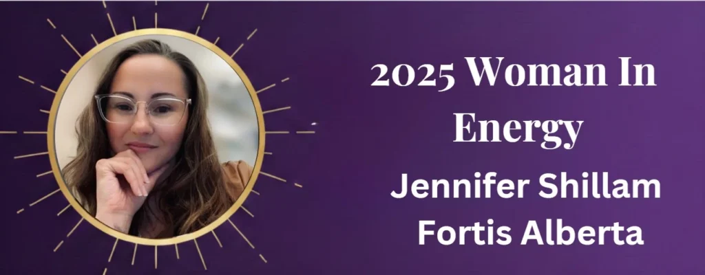 Purple awards graphic announcing Jennifer Shillam as the 2025 Woman In Energy winner (Fortis Alberta), with circular portrait.